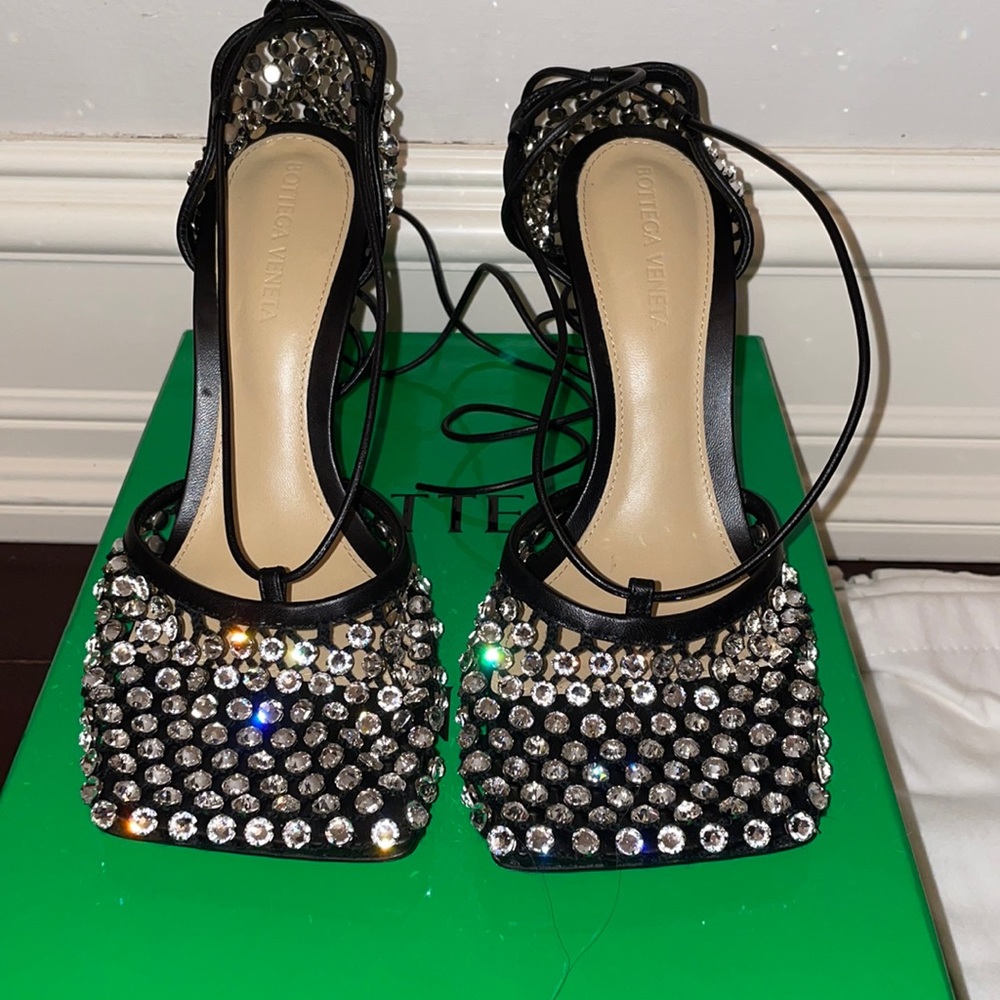 Bottega Veneta web sparkle stretch sandal size 38